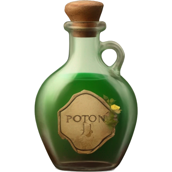 Mysterious Alchemical vintage glass potion bottle, exquisite bottle shape, old and shabby, with label, stylish and minimalistic, brown and shabby-green, oil potion is poured out of the bottle, herbal, flowers and oil is spilled next to it emoji