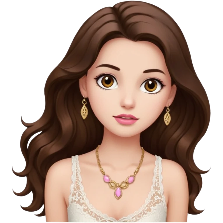fair-skinned girl with dark brown, slim shaped eyes and long lashes. long, brown hair styled in a voluminous, wavy blowout. wearing a delicate white lace tank top and a dainty gold necklace, plump pink lips. emoji