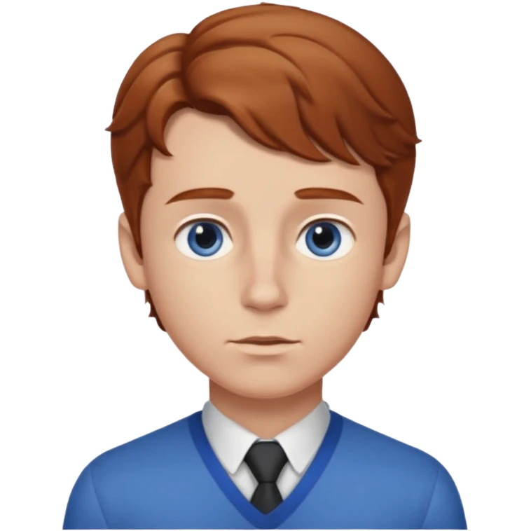 Please generate a portrait of a boy. He has light brown to reddish-brown wavy hair, a right side parting, slightly longer sideburns, blue eyes, a snub nose, and a somewhat pronounced pout. emoji