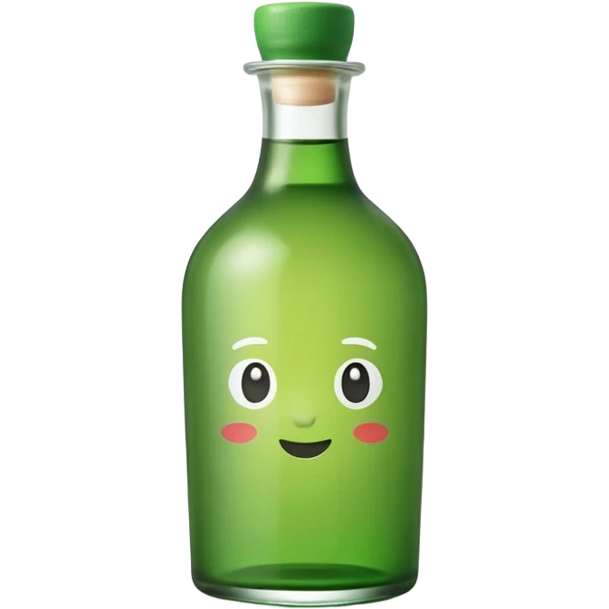 A clean, cute emoji-style green soju bottle, small Korean soju bottle with green glass, simple label in Korean style, minimal flat design, soft shading, centered, white or transparent background, high contrast, rounded friendly emoji look, 1:1 aspect ratio, app icon style emoji