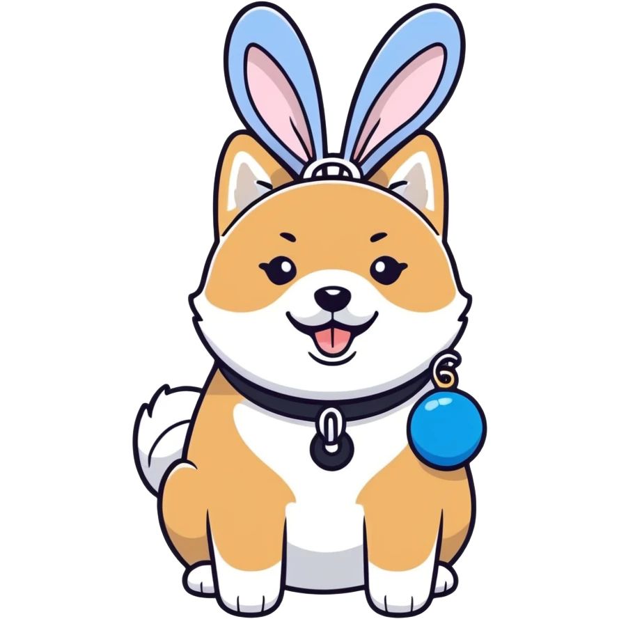 plump black shiba inu, blue bunny toy dangling from mouth, cheerful, suggestion of cheese smell, cartoon sticker style emoji