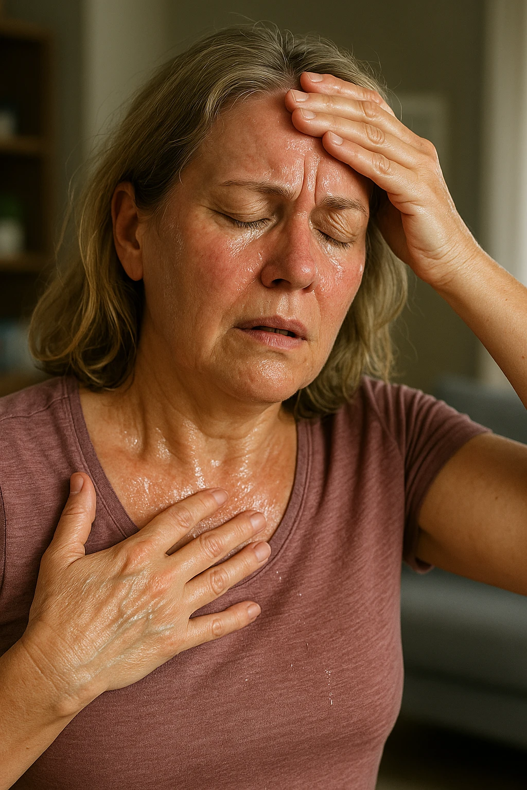 Donna in menopausa con sintomi evidenti. immagini specifiche, senza testo. immagini realistiche 4k emoji