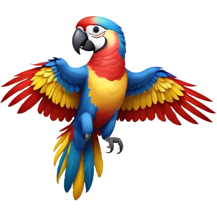 cinematic-macaw-realistic-full-body-standing-emoji,-vibrant-feathers-glowing-with-rich-reds,-blues,-and-yellows,-head-tilted-dramatically,-curved white-beak-gleaming,-piercing-dark-eyes-exuding-confidence,-simplified-yet-realistic-focused emoji