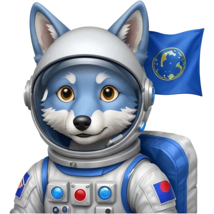 a wolf in space suit, holding blue rectangle flag emoji