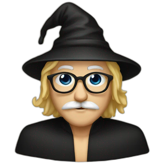 A man with blond hair and a mustache, wearing a black squared shaped eye glasses, wizard hat, black  robe emoji