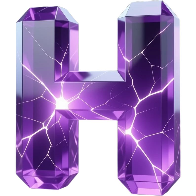 A hyper-realistic 3D letter 'H' carved from translucent purple amethyst, filled with glowing internal fractures. Volumetric lighting, cinematic glow, dark background, 8k resolution, emoji