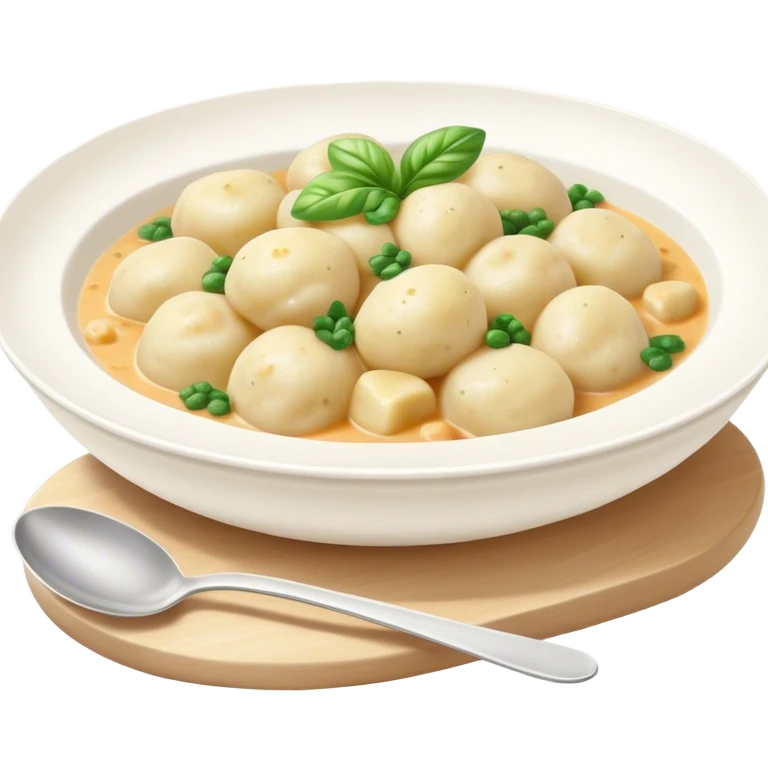 Cinematic Realistic Gnocchi Dish Emoji, showcasing tender potato dumplings in a light sauce rendered with soft textures and inviting, natural lighting. emoji