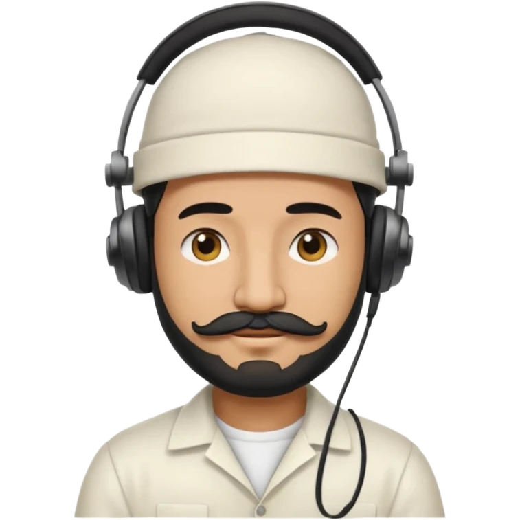 Half body man wearing white topi, lapray, black beard and moustache, headphones, eyes closed, realistic emoji style. emoji