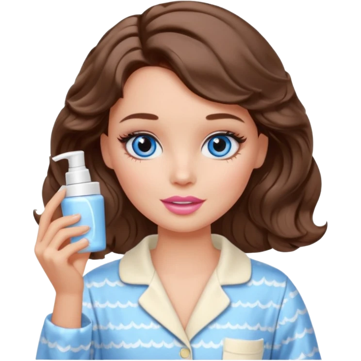 Barbie girl with makeup, blue eyes , and bob long haircut wavy, short brown hair in creamy color pajamas, face cream in hand emoji