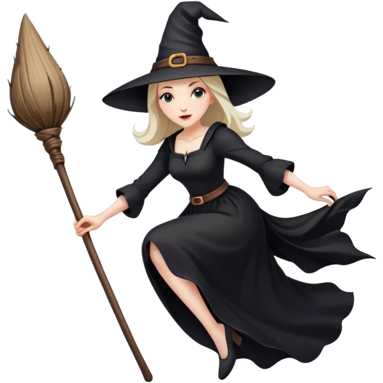 witch with pointy hat and black dress flying on a wooden broom emoji
