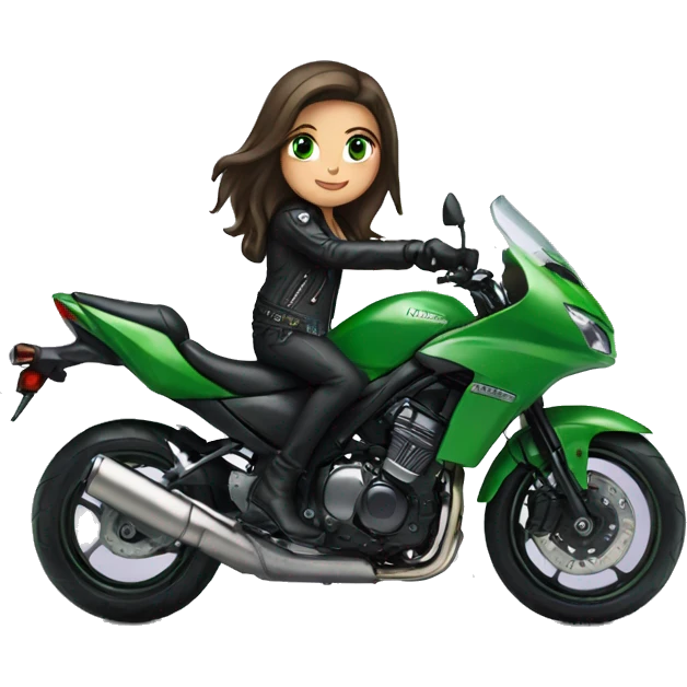 Brunette Girl with Green eyes, Long hair, wearing a black leather jacket is riding a Kawasaki motorbike emoji