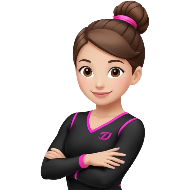 Happy female gymnast with brown hair in a neat bun, wearing a black uniform with neon pink elements. emoji