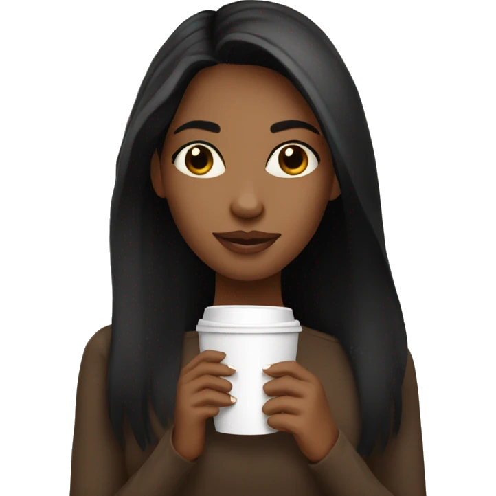 Brown skin girl with straight black hair holding coffee emoji