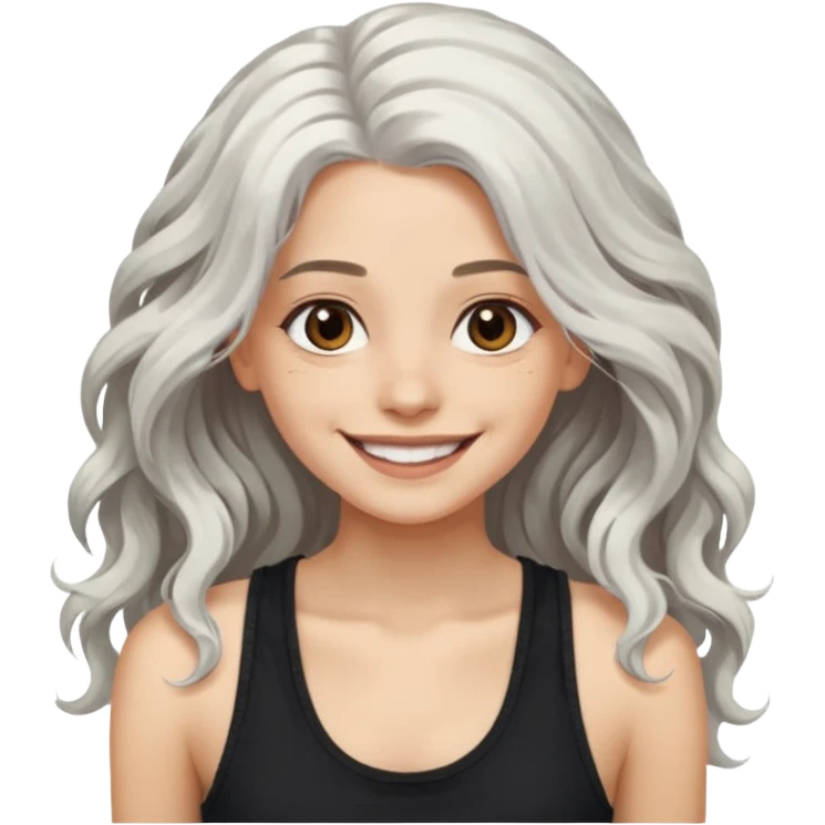 woman with wavy long white hair and brown eyes. smiling in a grunge tanktop emoji
