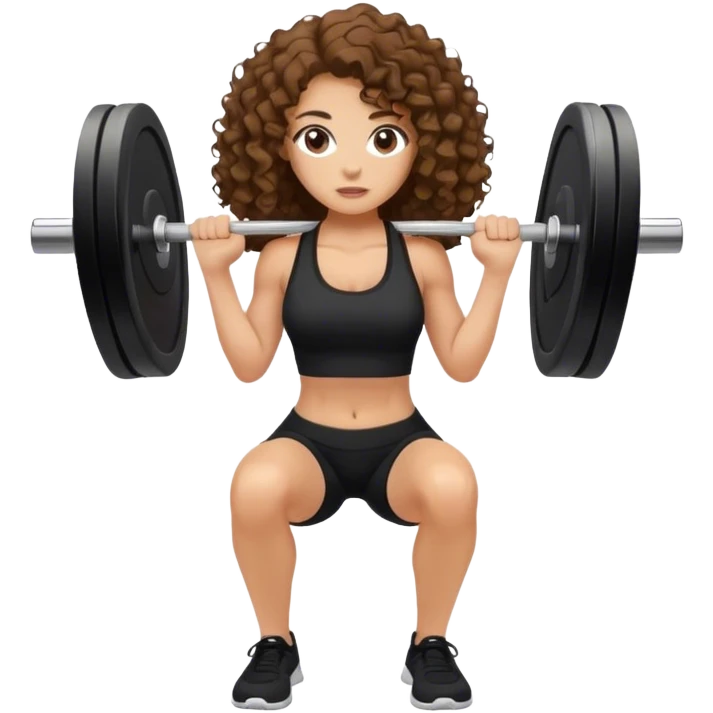 mulher branca com cabelo cacheado longo castanho com top e shorts preto fazendo agachamento com peso emoji