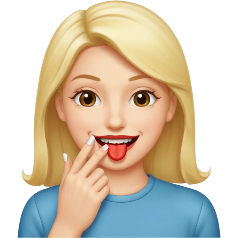 Una persona sonriendo y con labios gordos haciendo el gesto de meter el dedo en la boca y mordiendo la uña postiza  emoji