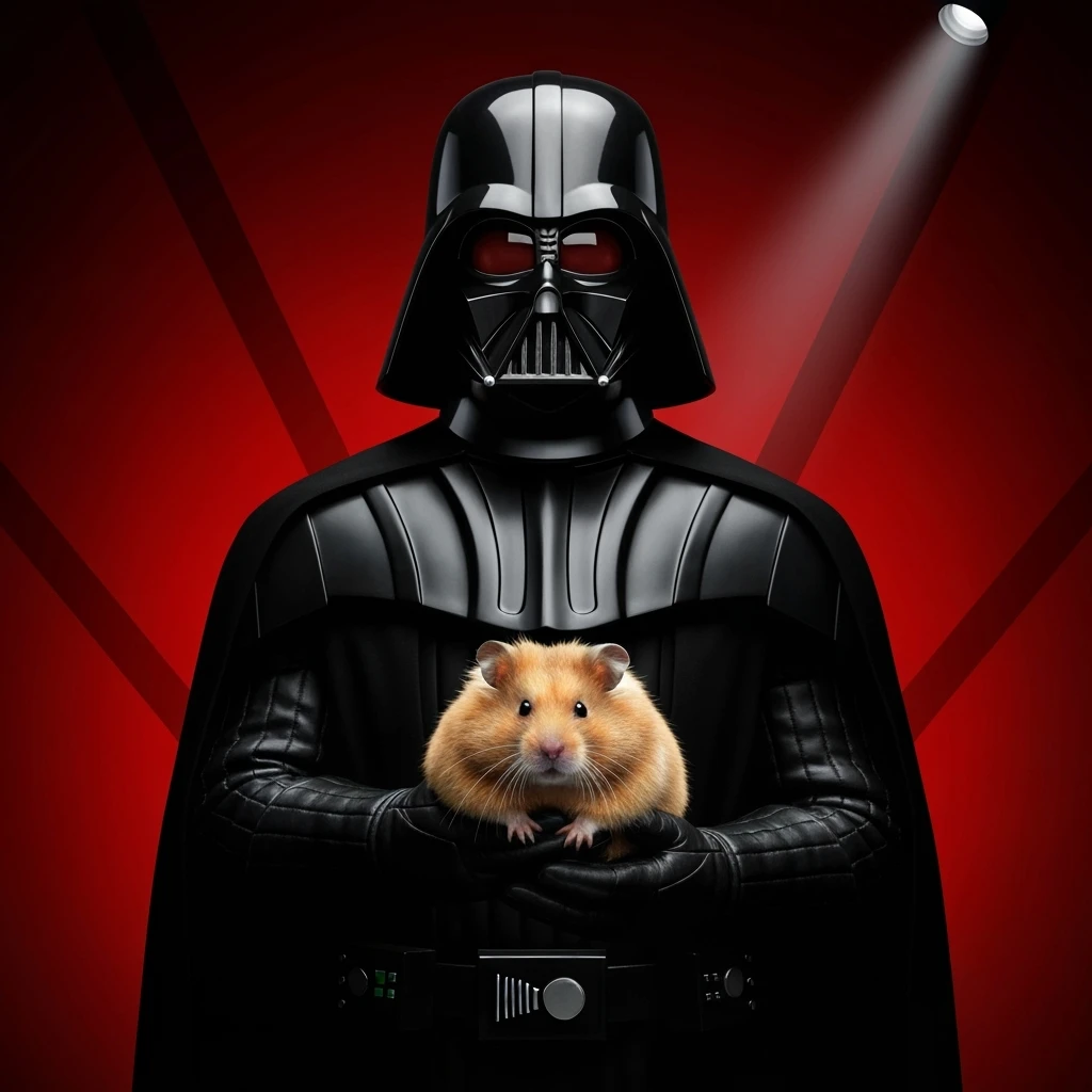 Extreme Closeup Photo of a darth vader holding big hamster, low key light, red solid background with leading lines, back light, spot light emoji