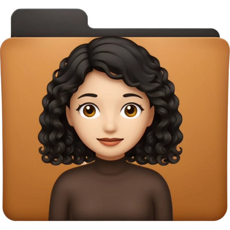 A **simple emoji-style icon** of a **black transparent plastic folder**, sleek and minimal, with **rounded corners**, subtle translucency, soft shading, and a **small logo of a canela-skinned latina with curly black hair** on the front.
 emoji
