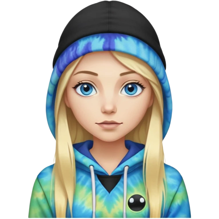 White woman with long blonde straight hair and blue eyes with long eyelashes and tiedye hoodie and a black beanie with an alien on it emoji