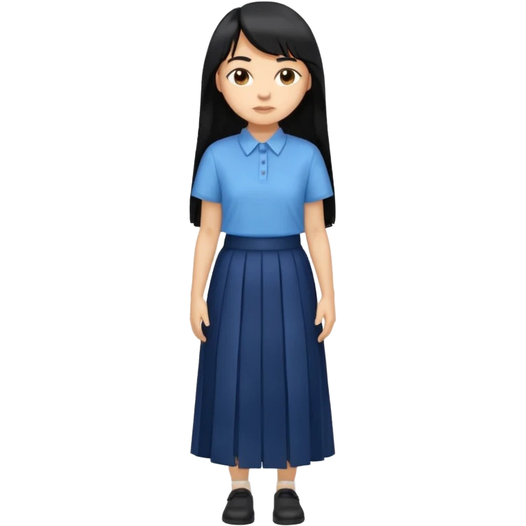 hair : black long hair with fringe 
skin : light 
cloth : oversize light blue shirt + navy long long skirt 
 emoji
