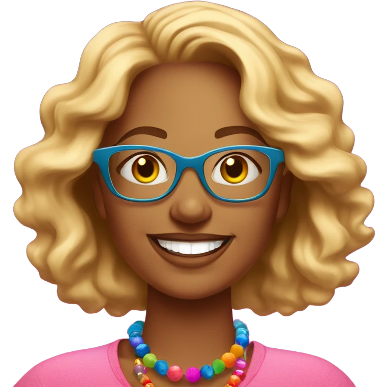  cheerful woman with wavy blonde hair and glasses, wearing a pink shirt and colorful beaded necklace, smiling brightly against a vibrant red background." setting on the moon emoji