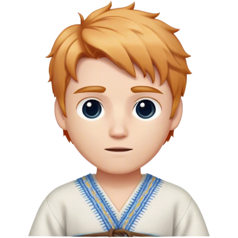 Medieval spring outfit worn by a DnD themed fantasy male character. Soft white cotton tunic with blue thread detailing along the seams, paired with a hand-woven belt of mixed fibers. Clothes only above the waist, full waist coverage. The character has no arms. Character is white-skinned with strawberry blonde hair, steel gray eyes, and medium-length wavy hair. emoji