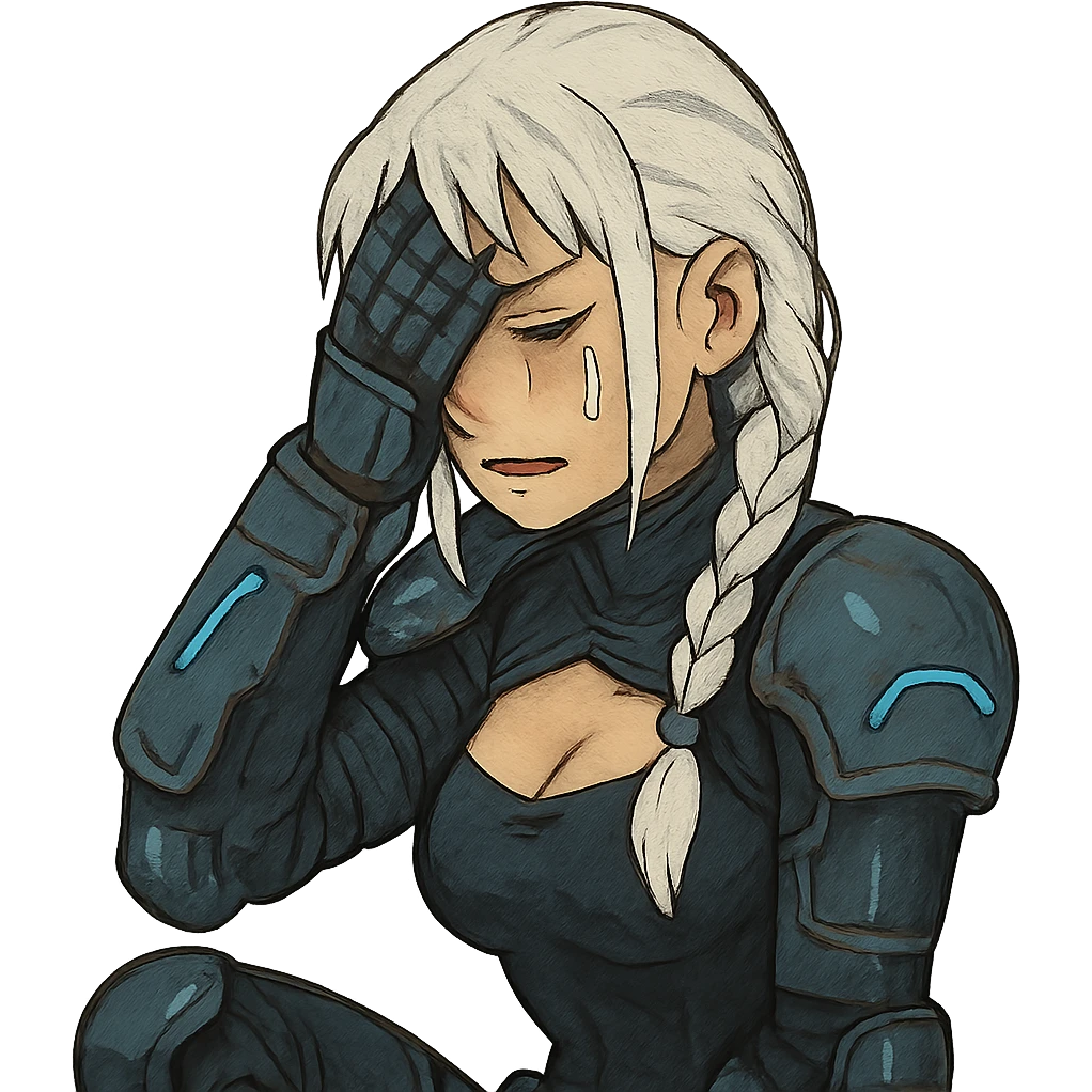  she is wearing armor, maximum power , facepalm smh, eyes closed and tearing up, a closeup portrait of young woman with gold yellow eyes, white hair, long braid, black off-shoulder top d-cup, punk gothic style, futuristic cyberwave cyberpunk, sitting position emoji