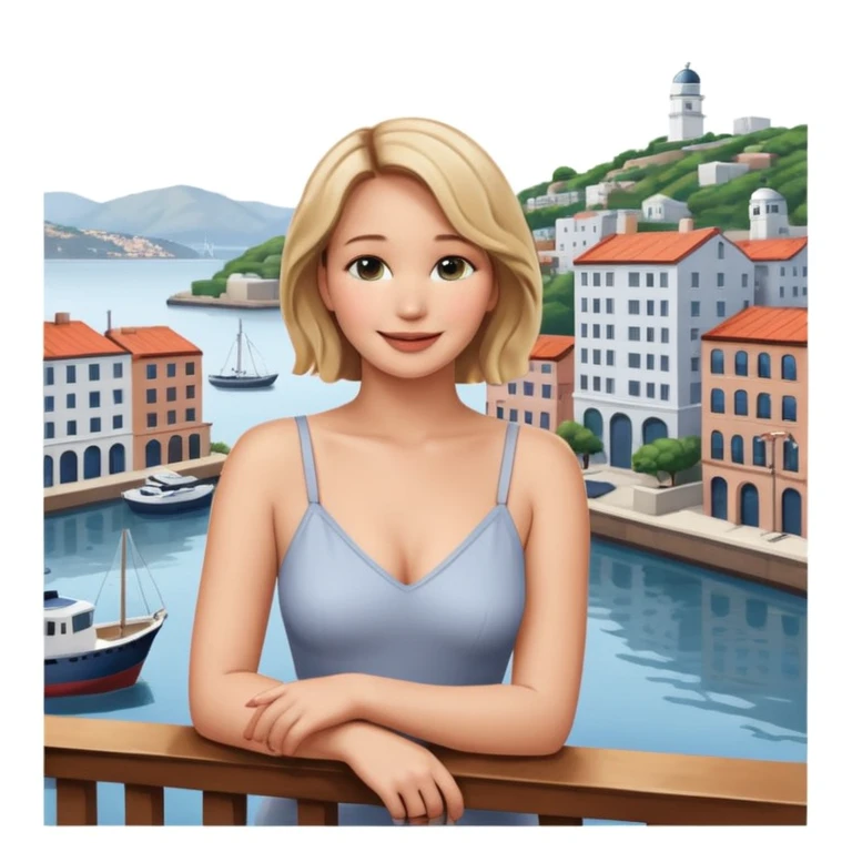 jennifer lawrence, closeup portrait , leaning on a balcony with a harbor and cityscape in the background, smiling emoji
