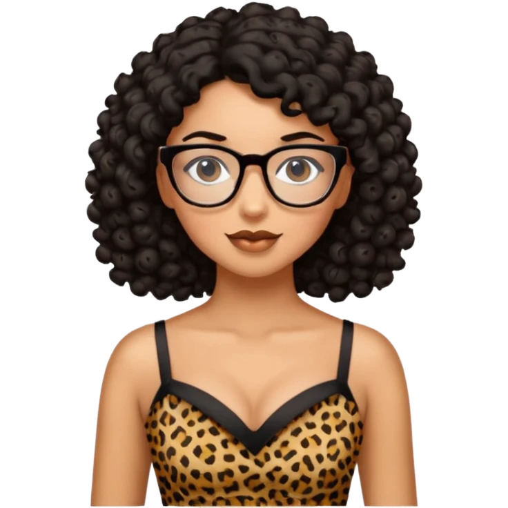 A women who wears glasses with a black curly hair, in a leopard print dress sweetheart neckline  emoji