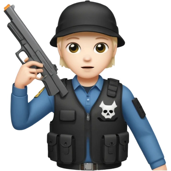 Emoji de fantasmita con una Glock 17 en la mano izquierda, con gorra y un chaleco antibalas  emoji