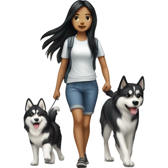 Long black hair pale girl walking husky dog emoji