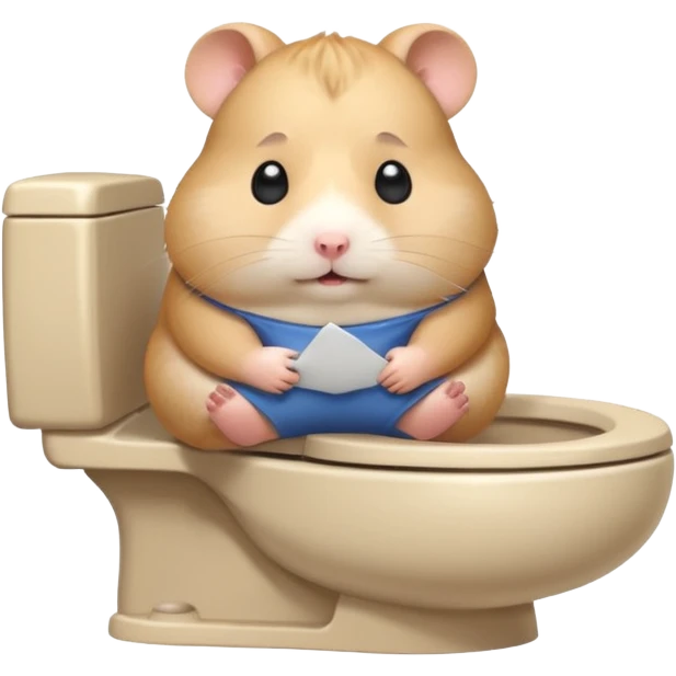 Cute chubby cartoon-style hamster sitting on toilet looking as if he had an accident, sticker-style illustration emoji