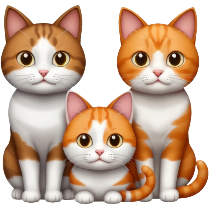 3 different coloured short haired cats including; a dark brown tabby and white cat, and a dark grey and white and a ginger and white emoji