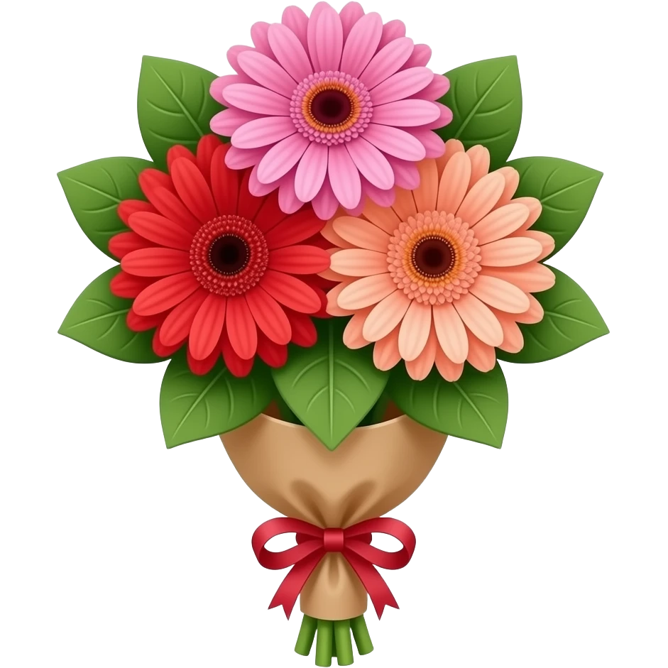 Bouquet with leaves and bouquet coverof three gerbera only with each colour having red, pink and peach in full screen emoji