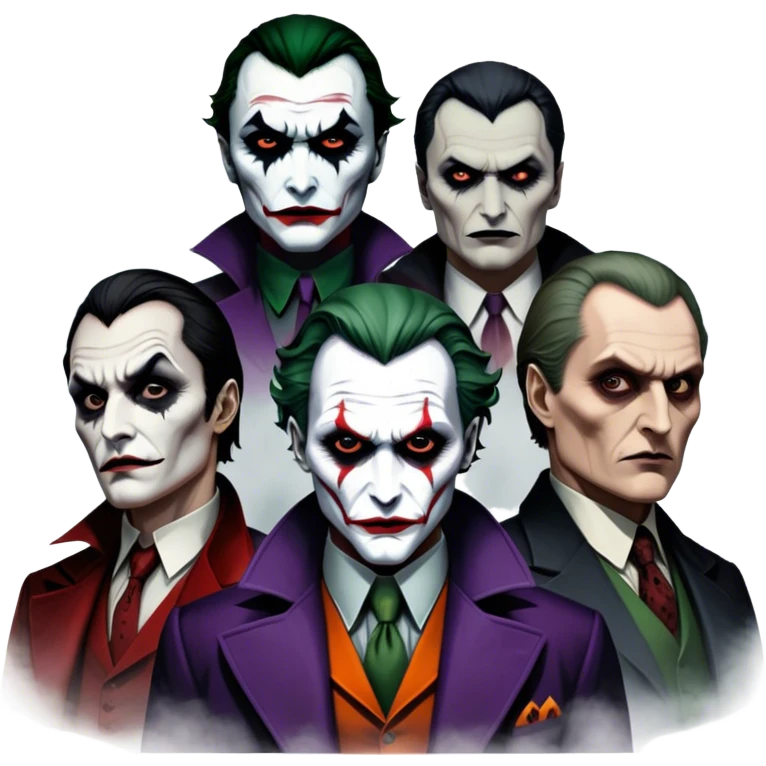 Thriller Movie Icon: A dark, intense collage with close-up images of iconic thriller characters like 1 Joker, 1 Hannibal Lecter, and 1 Vlad Dracula. The background features a moody Gotham City skyline, with shadowy figures and fog. Atmospheric, suspenseful tone. Transparent background. emoji