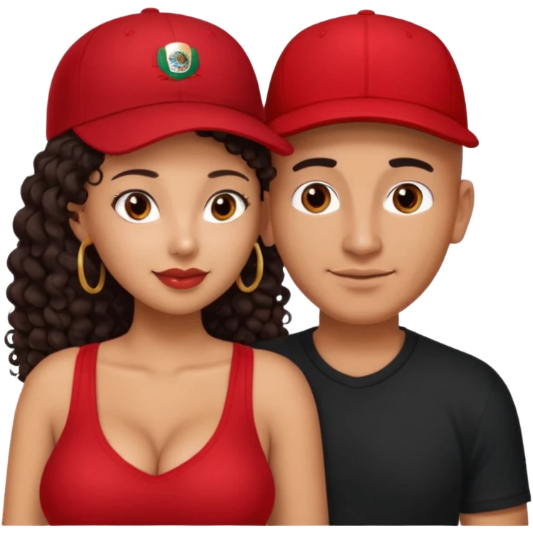 A picture of an embracing tanned couple. the man is a Mexican man with tanned skin, with a bald hair cut wearing a red baseball hat and wearing a black shirt. the woman is mixed, with glasses,  with long curly dark brown hair and with big boobs. Remove the glasses from the guy emoji