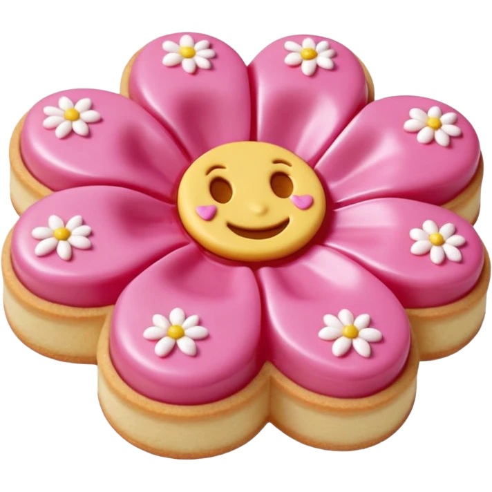 Realistic shortbread cookie in the shape of a camilia flower with pastel pink color jelly middle filling andkled powder sugar on top.emoj sprini emoji