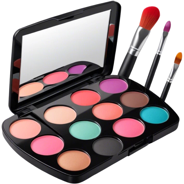 A photorealistic icon featuring makeup brushes, a lipstick being applied, an eyeshadow palette with colors in use and a compact mirror reflecting a half-done makeup look. The design captures the artistry and process of makeup with bright and realistic textures. Transparent background. emoji