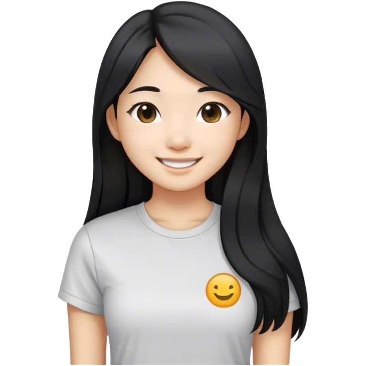 an asian girl with straight black and long hair, slight waves, smiling, wearing tshirt emoji