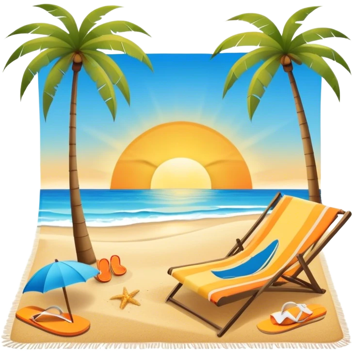 Icon for Beach Tourism: with the blue ocean, orange sunset, yellow sand beach and palm trees in the background, a sun umbrella, flip-flops, and a beach towel on the sand. The icon should represent relaxation and fun at the beach. Transparent background emoji