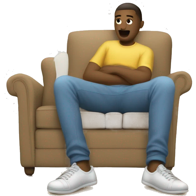 The image show a legs sitting on couch. They are wearing a dirty socks and no shoes. Their legs are extended, with one foot up in the air. The person is wearing white socks with the sole of the foot visible, one of which is on the floor. emoji