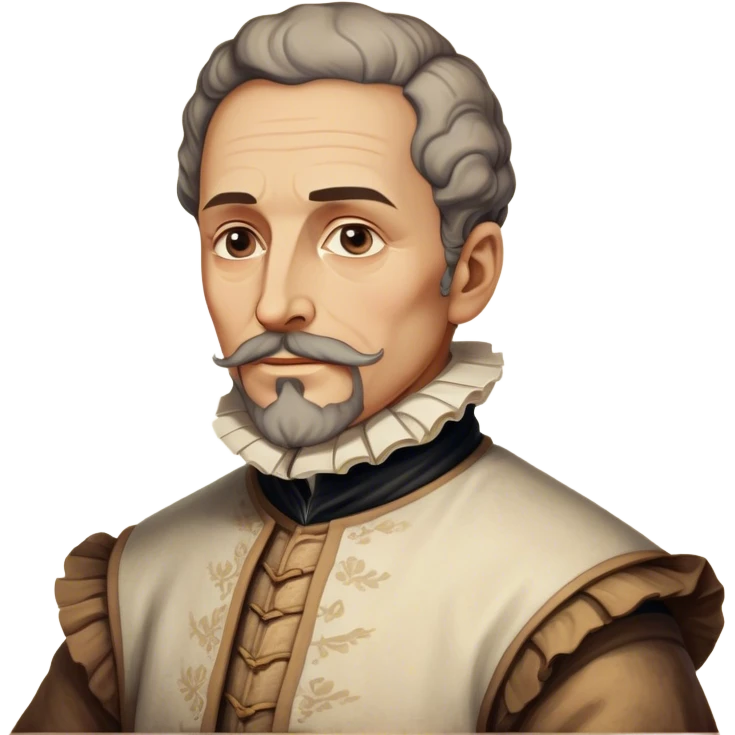Cinematic Realistic Miguel de Cervantes Portrait Emoji, depicted as a wise thoughtful literary figure in period attire with a reflective gaze, rendered with detailed textures and soft historical lighting that captures his enduring literary legacy. emoji
