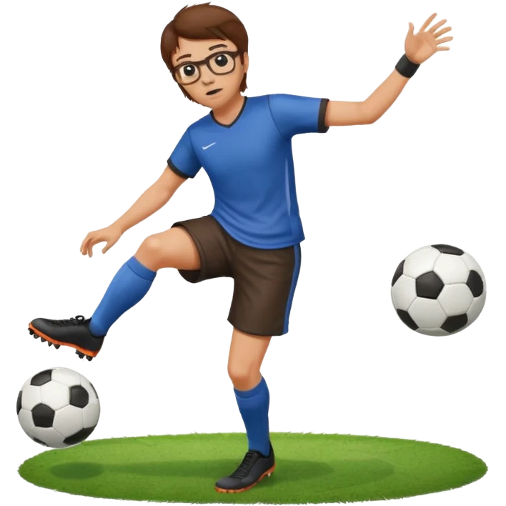 Fat sad guy with brown hair and glasses kicking a ball emoji