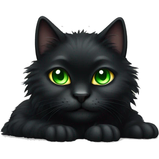 Furry fluffy black cat with green eyes full body emoji