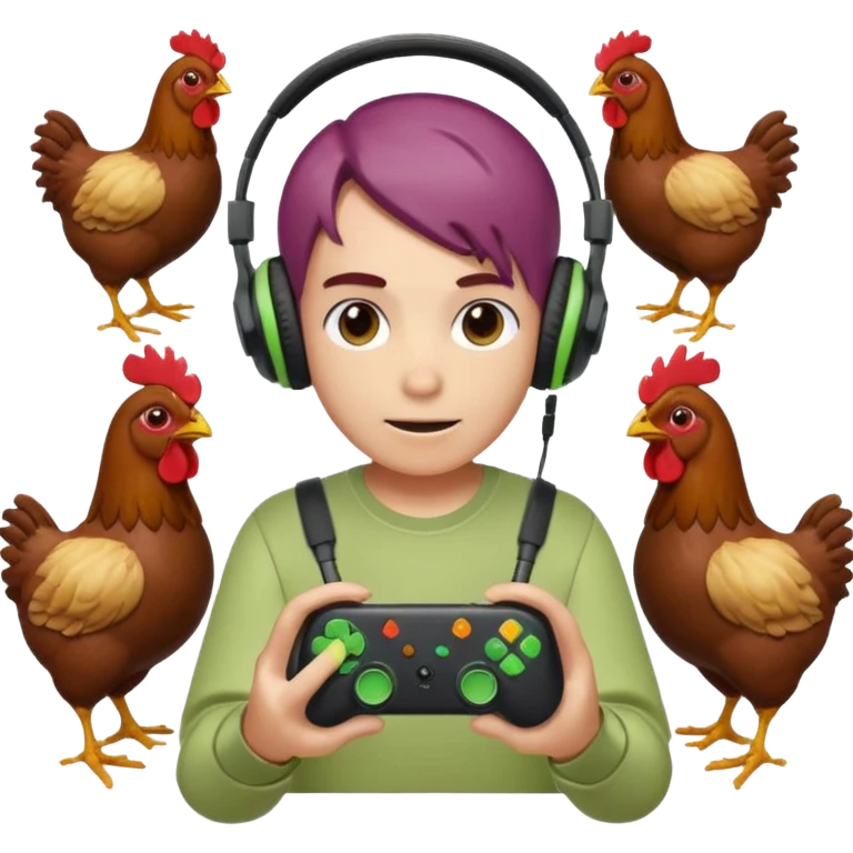Pack emote, Sfondo trasparente e Dimensioni: (28x28, 56x56, 112x112) 
Stile Gamer: Il radicchio indossa cuffie da gaming e interagisce con controller o schermi, mentre i polli appaiono come icone di supporto o spettatori, colore font diverso in ogni emote emoji