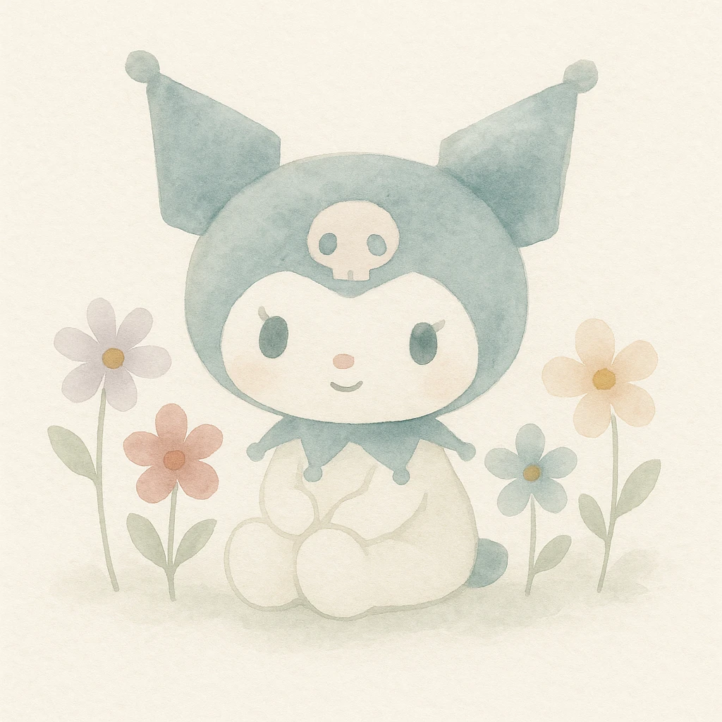 Kuromi character, watercolor art style, sitting pose, surrounded by flowers emoji