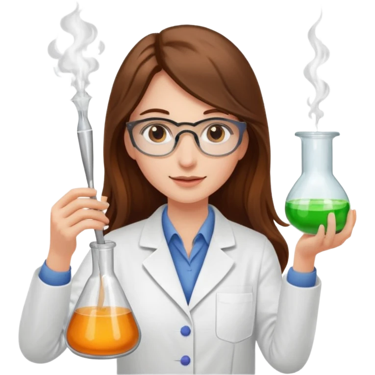 Crie emojis de uma mulher de cabelos longos castanhos farmacêutica mexendo com becker e com faiscas emoji
