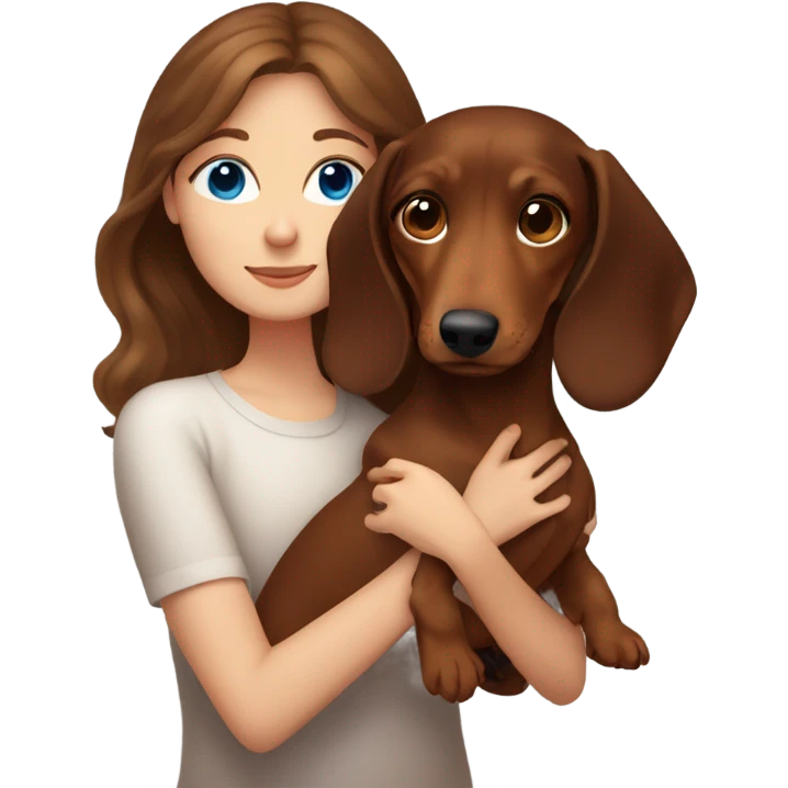 Brown long wavy hair girl with blue eyes cuddling a brown short haired dachshund emoji