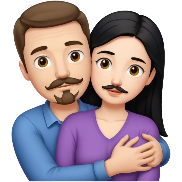 Tall white man with short brown hair mustache and goatee, hugging small pale woman long with black hair emoji