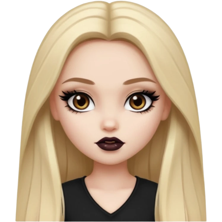 pale skin, girly bratz baddie, beautiful dark brown eyes, pretty black makeup, long dark blonde straight hair emoji